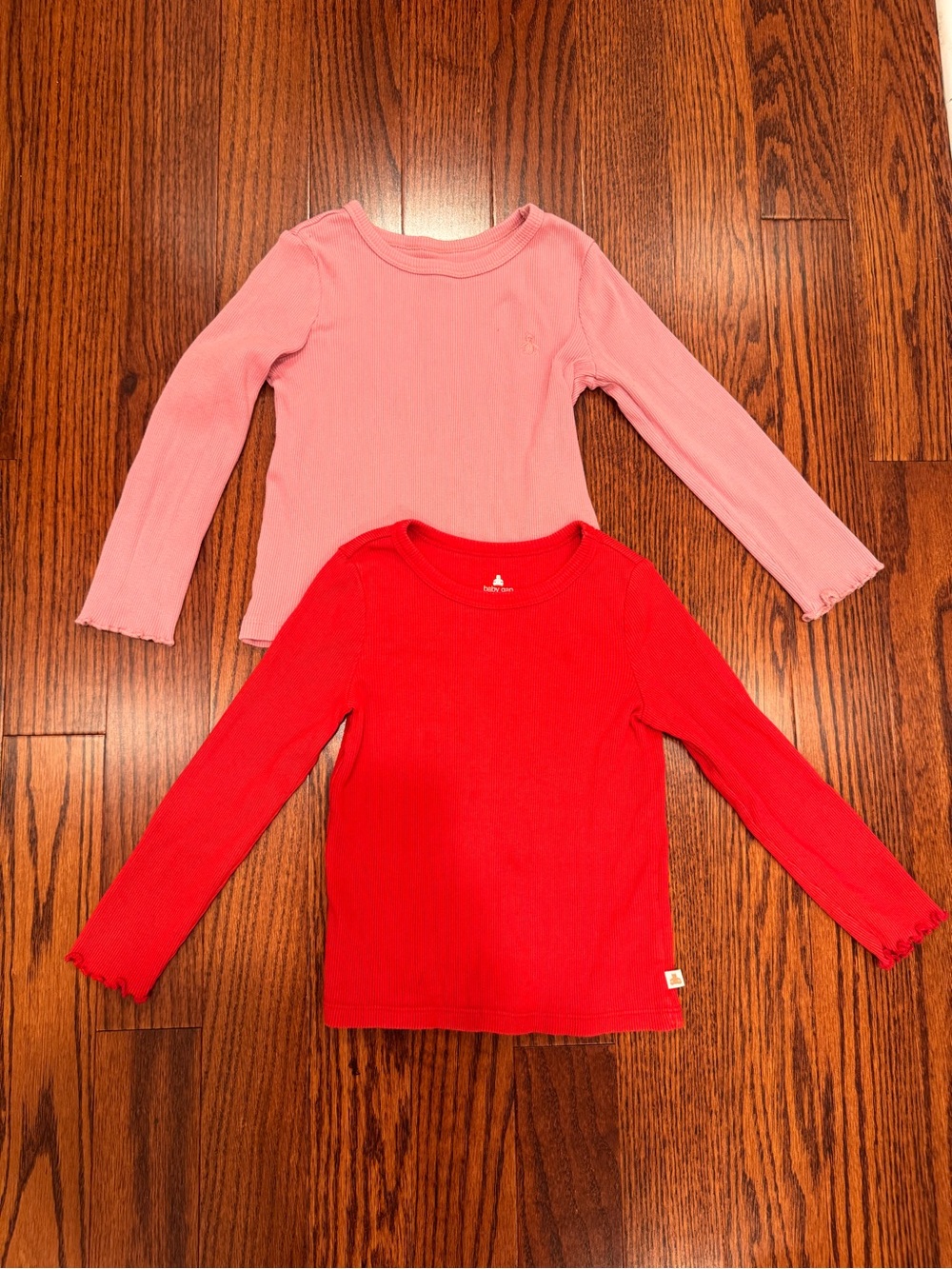 Girls Long-Sleeve Ribbed Tee Bundle- Pink and Red